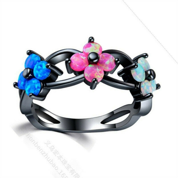 Black Gold Filled Fire Opal Floral Ring - Picture 2 of 5